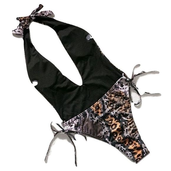 V-Neck One Piece Leopard Swimsuit Monokini - Picture 7 of 7